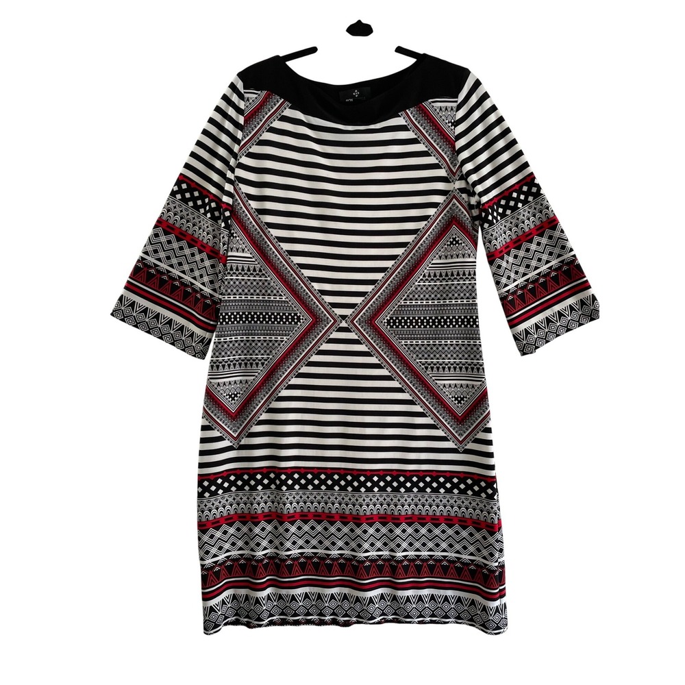 Ronni Nicole Shift Dress Womens 14‎ Black White Red Geometric Tribal 3/4 Sleeve